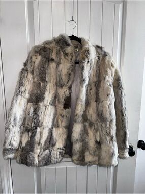 Patchwork Rabbit Fur Coat in Cream and Gray